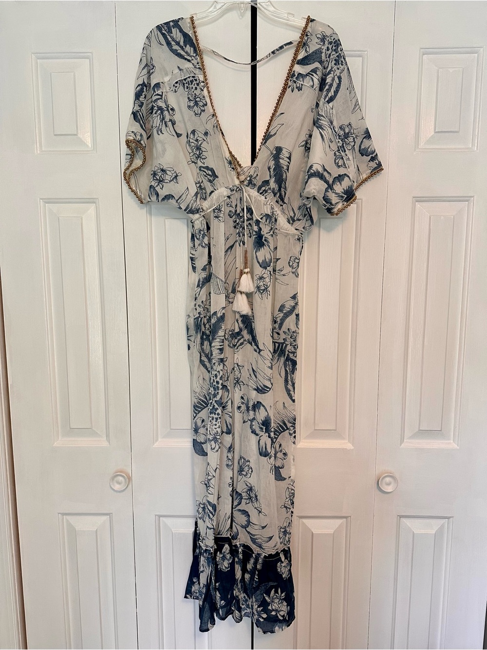Floral V-Neck Maxi Dress in Blue and White or Beach Cover up